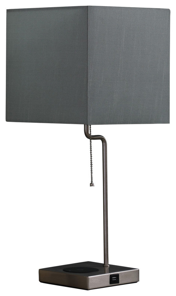 Benzara BM240340 Table Lamp With Wireless Charging and Square Shade, Silver
