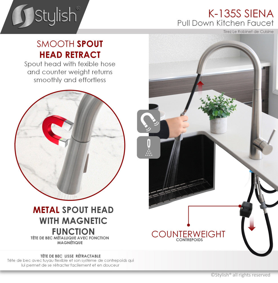 STYLISH Kitchen Sink Faucet Single Handle Pull Down Dual Mode Stainless Steel
