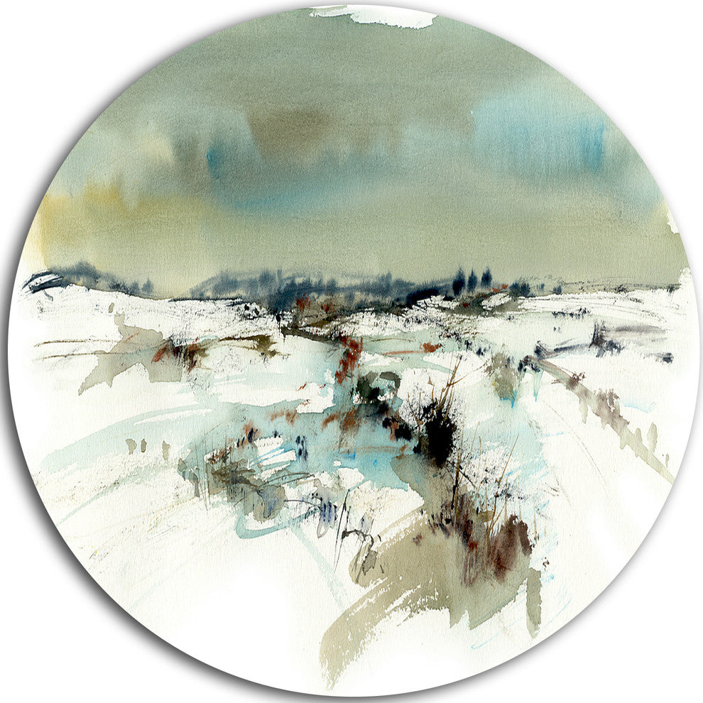 Snowy Landscape Watercolor, Landscape Painting Disc Metal Wall Art, 11"