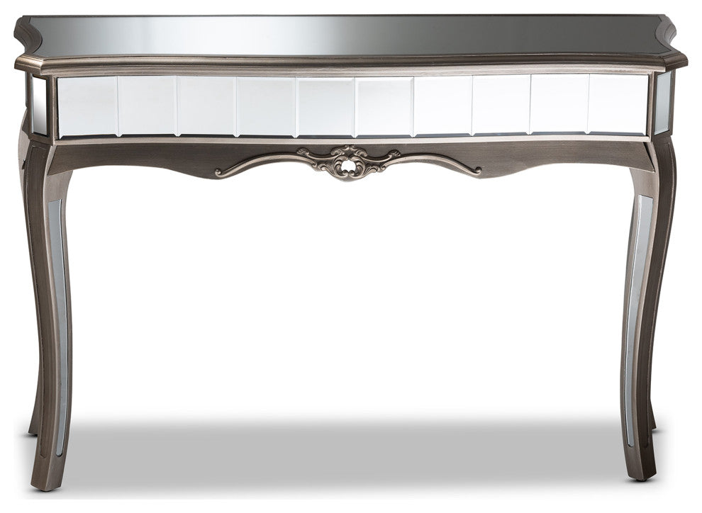 Elgin Contemporary Brushed Silver Finished Wood and Mirrored Glass Console Table