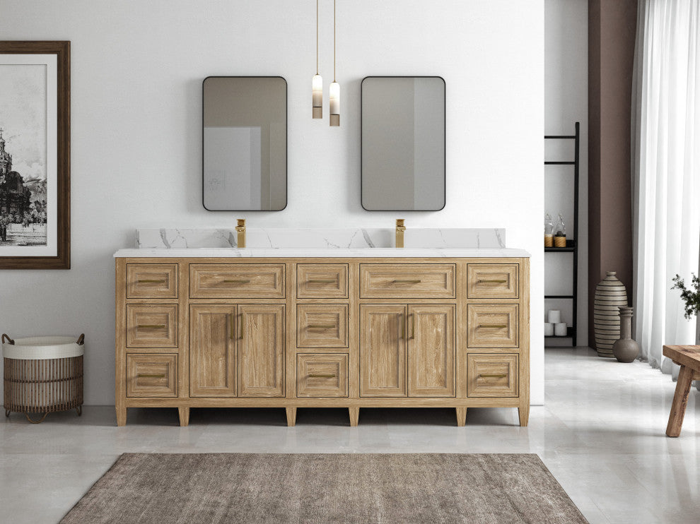 Santa Monica 84 Double Sink Bath Vanity in Whitewashed Teak 1.5" Calacatta Laza