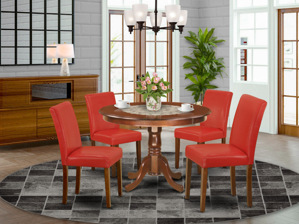 5-Piece Round 42" Table and 4-Parson Chair, Pu Leather Color Firebrick Red