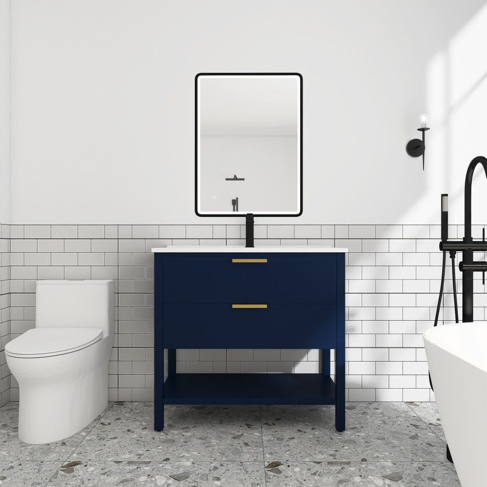 36 inch Plywood Freestanding Bathroom Vanity Set with Ceramic White Sink, Navy Blue