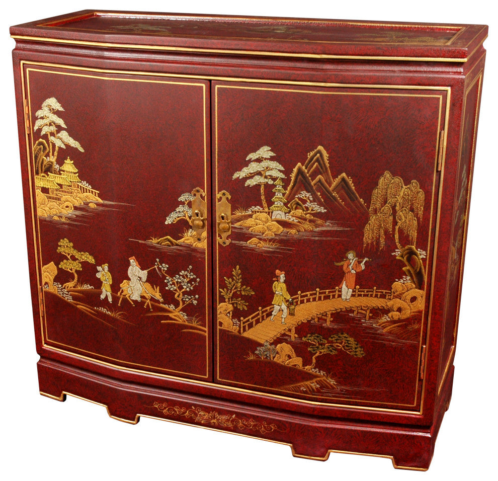 32" Japanese Slant Front Cabinet, Red Landscape
