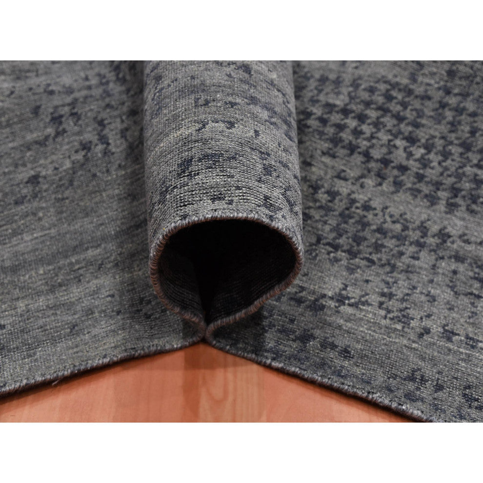 Black and Gray Modern Design Zero Pile Pure Silk Hand Knotted Rug, 8'0"x10'1"