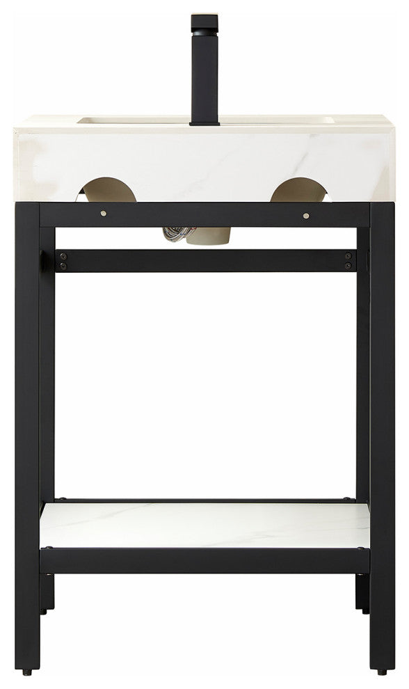 Funes Bath Vanity with Mirror, Matte Black Support, 24'''', White Stone Top
