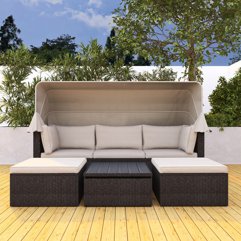 4-Piece Outdoor Wicker Sectional Patio Daybed with Canopy and Ottoman, Black Bei