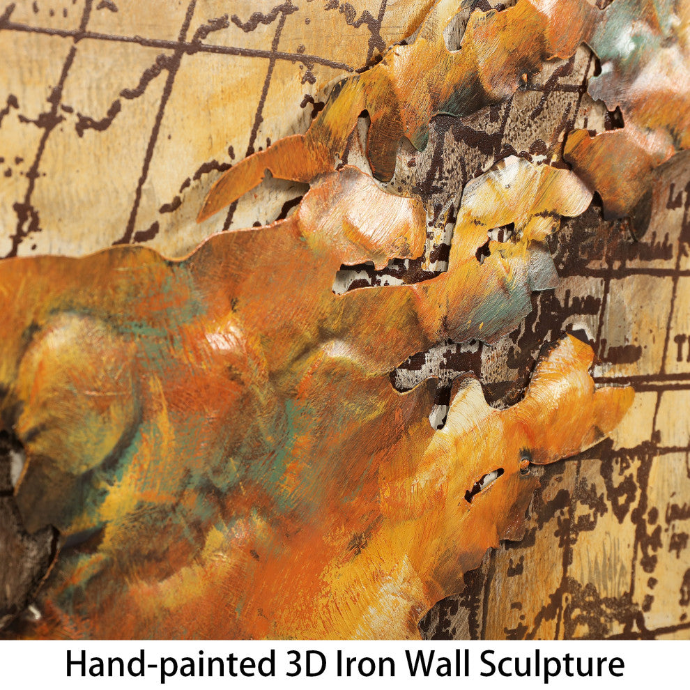 "Globe" World Map Mixed Media Iron Hand Painted Dimensional Wall Decor 48"x32"