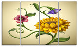 Flowers and Leaves Illustration, Floral Canvas Art Print, 48"x28", 4 Panels