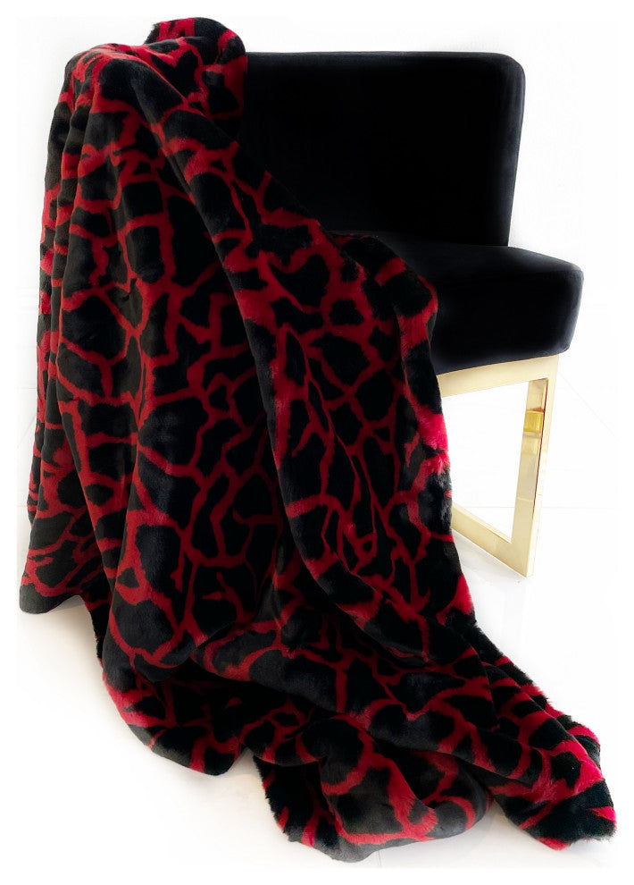 Red Black Plush Faux Fur Luxury Throw Blanket, Throw 60Wx96L
