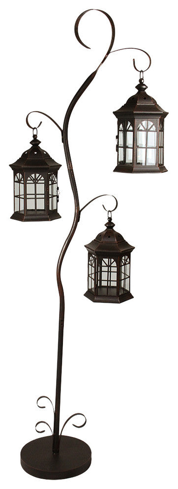 60" Rustic Pillar Candle Holder Tree With 3 Decorative Lanterns