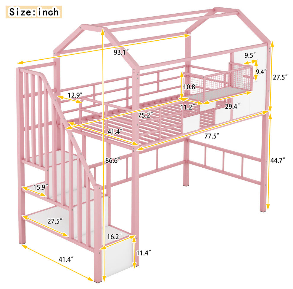 Gewnee Metal Loft Bed with roof design and a storage box, Twin, Pink