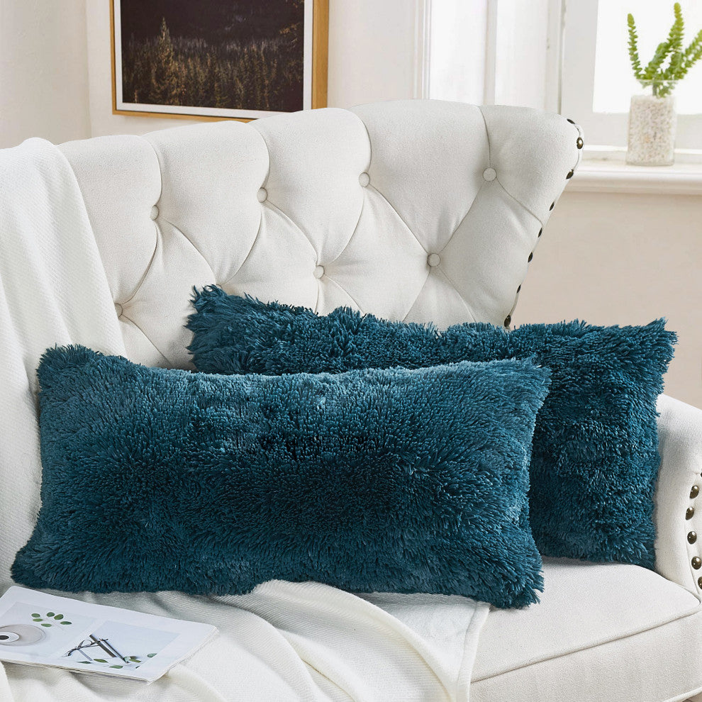 Shaggy Faux Fur Pillow Cover, Teal, Set of 2, 14"x26"