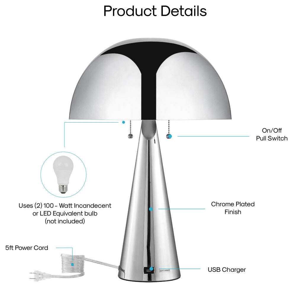 Inspired Home Emmalin Table Lamp, USB Charger, Chrome