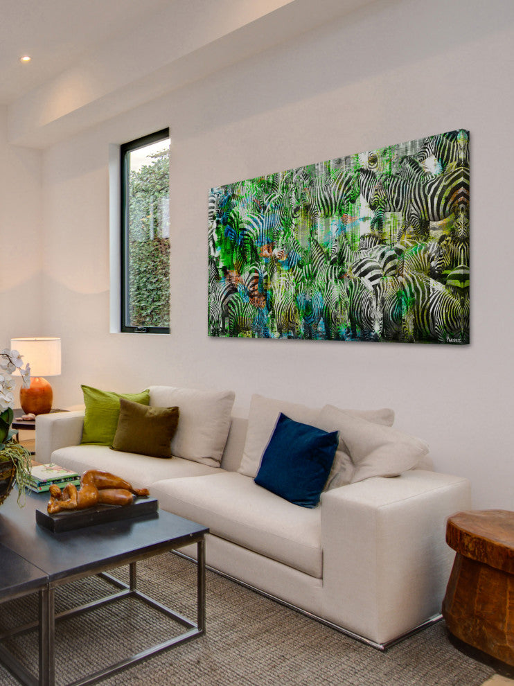 "Green Zebras" Print on Canvas, 24"x12"