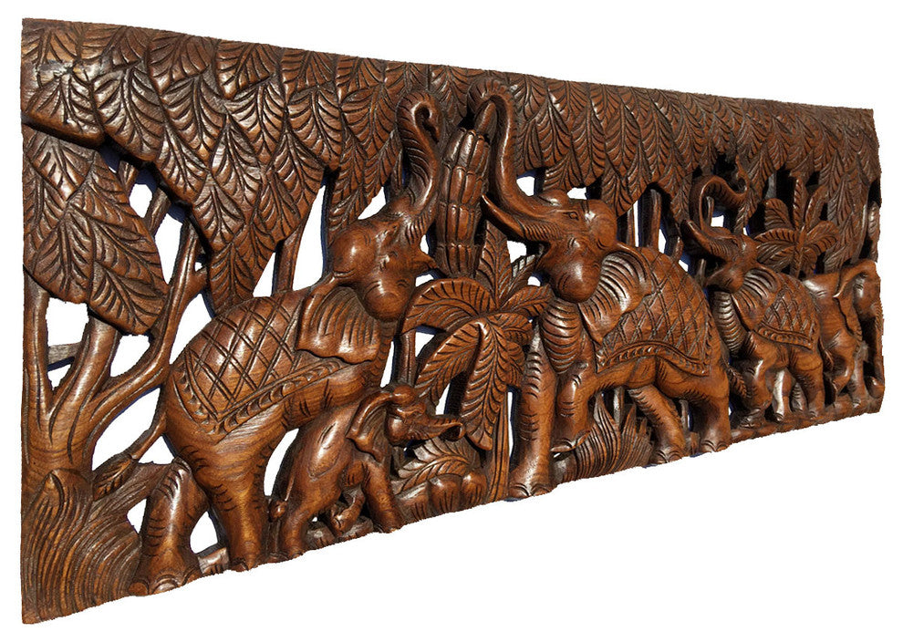 Elephants in Forest Wood Carved Wall Panel, Tropical Asiana Home Decor