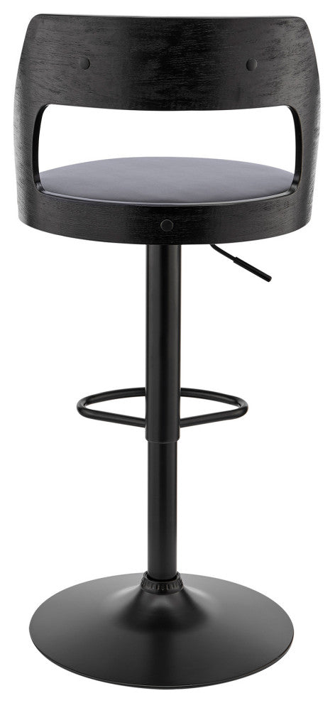 Gray Upholstered Black Base Adjustable Swivel Bar Stool
