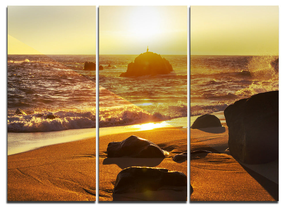 Glowing Waters of Seashore, Modern Beach Metal Wall Art, 36x28, 3 Panels