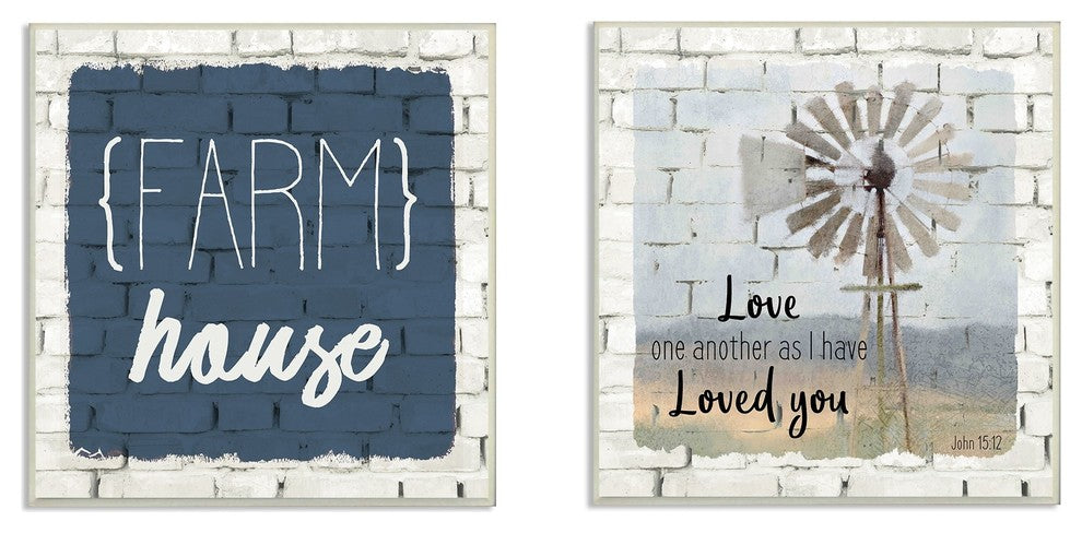 Grateful Thankful Blessed Farm House White Brick 2-Piece Wall Art Set, 12"x12"