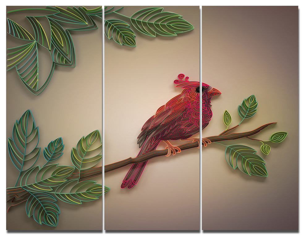 Red Paper Quilling of Cardinal Bird, Floral Triptych Canvas Art, 36x28, 3 Panels