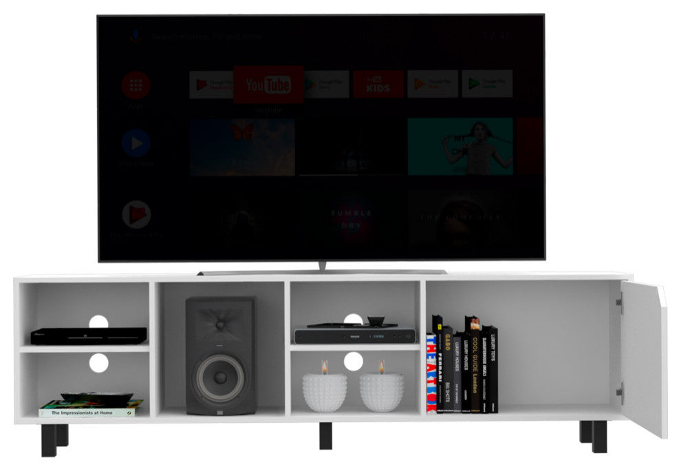 Native TV Stand for TVs up 70" with 5 Open Shelves, Cabinet, and 5 Legs, White