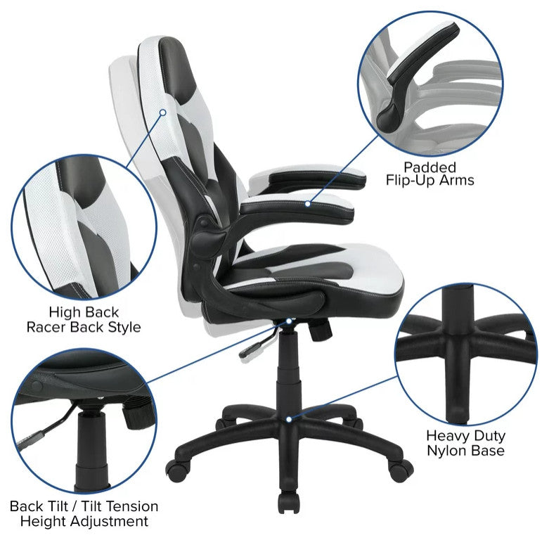Modern Gaming Desk With Comfortable Chair, Raised Shelf & Cup Holder, White