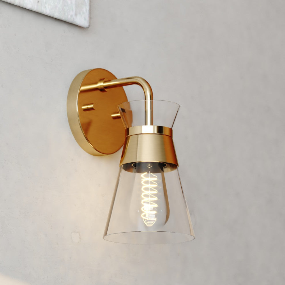 Harper Gold Brass Mid-Century Modern Bathroom Vanity Fixture Clear Glass, 1-Light