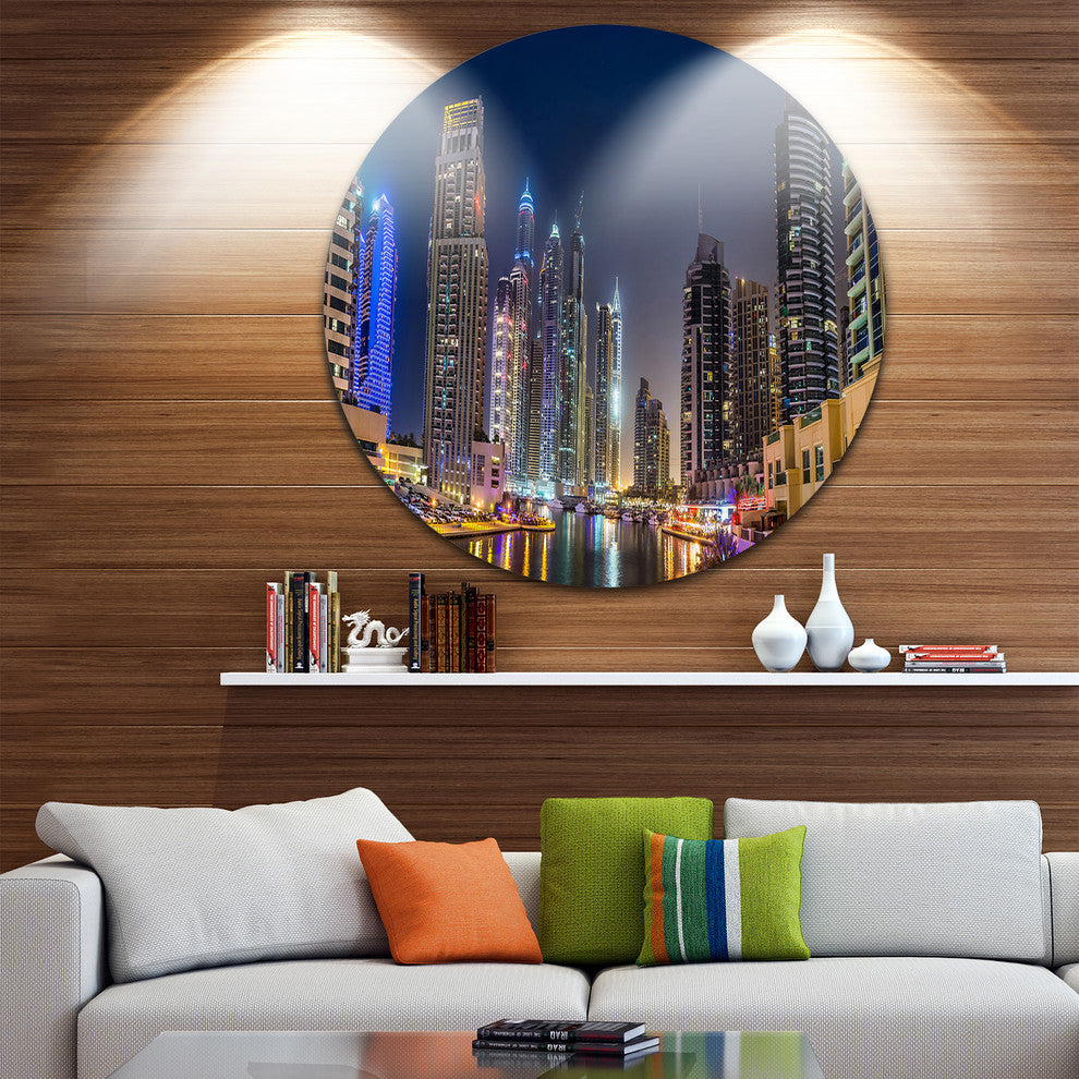 Dubai Downtown In Summer Night, Cityscape Photo Round Wall Art, 11"
