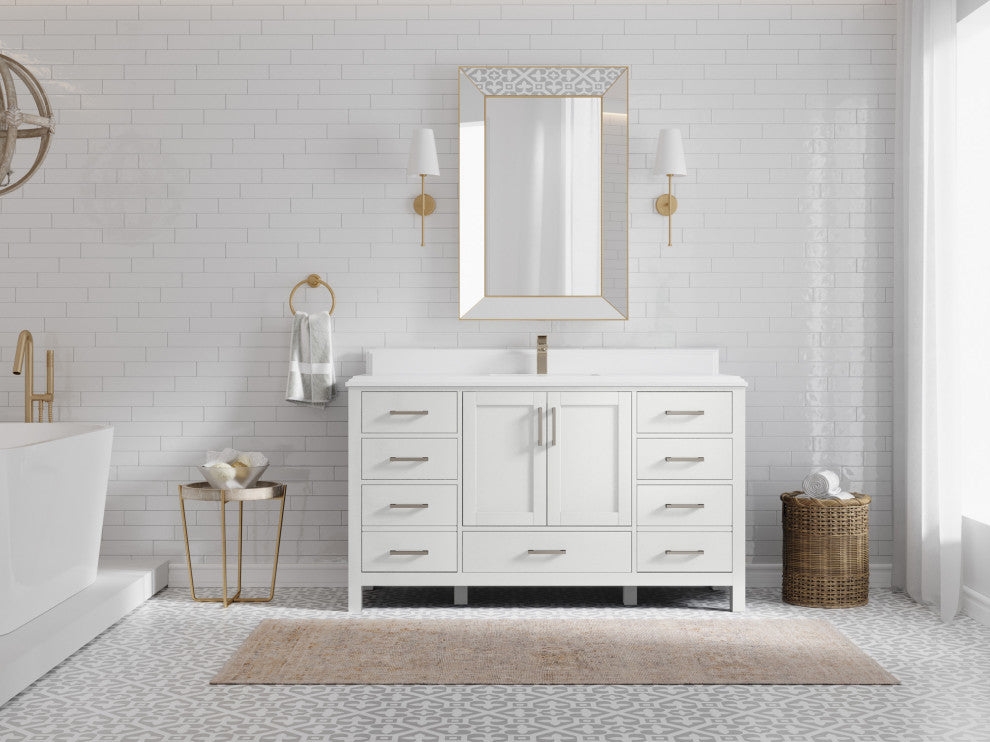 Malibu 60 Single Sink Bathroom Vanity in White  1.5" White Quartz