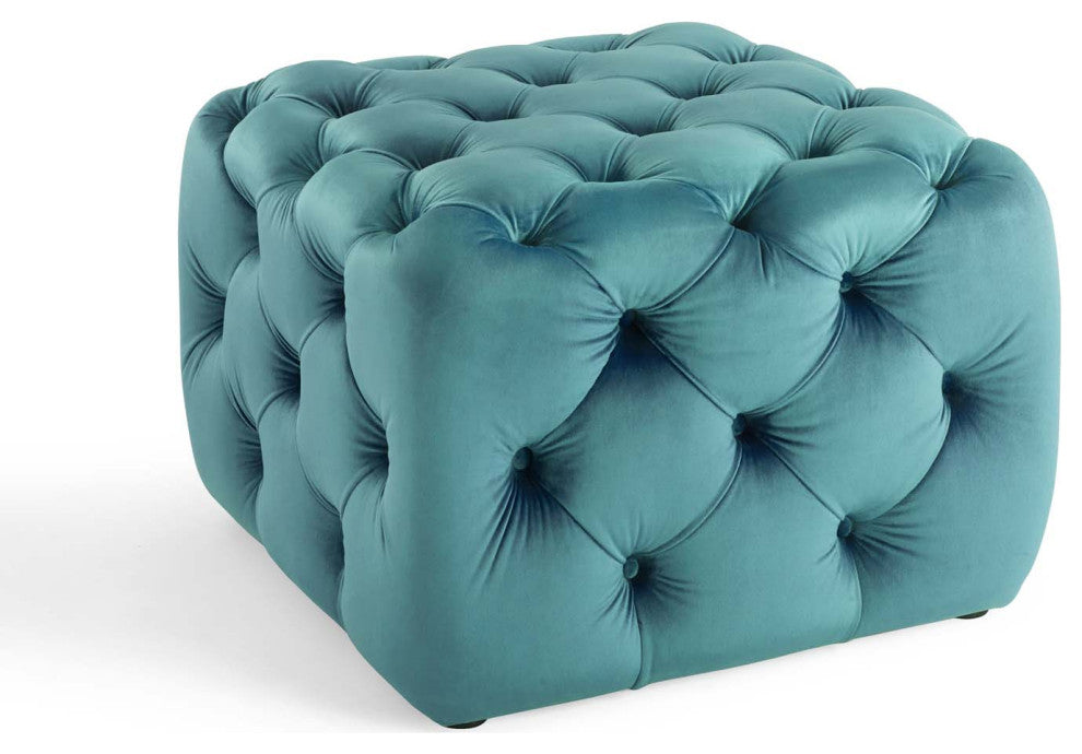 Tufted Accent Chair Ottoman, Square, Velvet, Blue, Modern, Lounge Hospitality