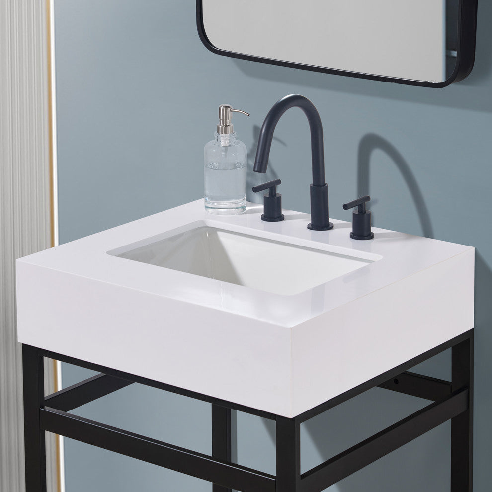 Edolo Engineered Stone Vanity Top, Snow White Apron With White Sink, 24"