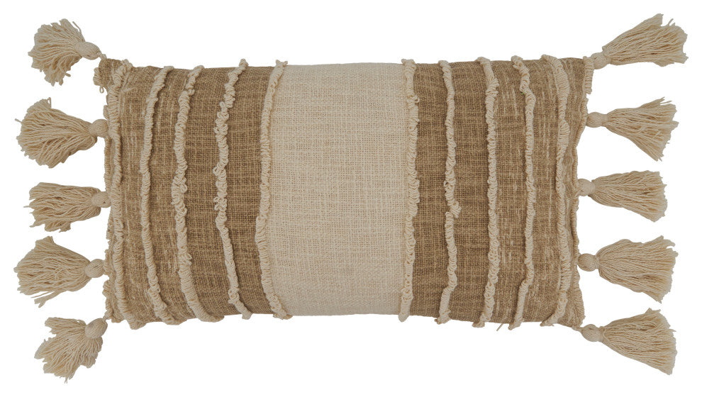 Poly Filled Tassel Edges Striped Throw Pillow With, 12"x20", Ivory