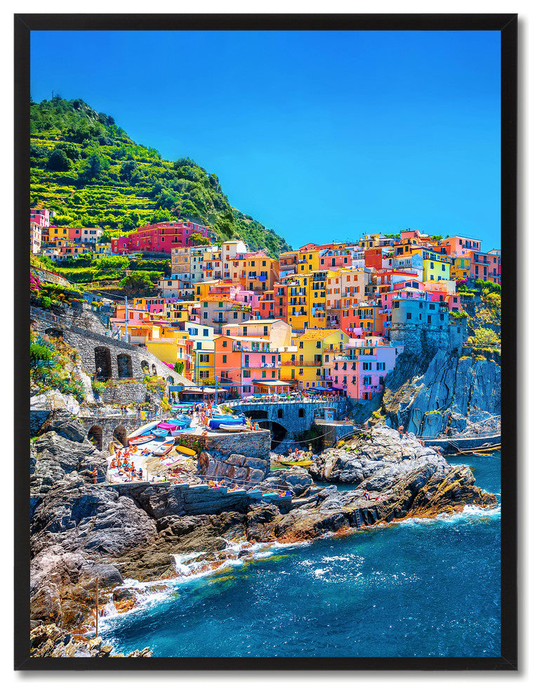 Cinque Terre Mediterranean Sea Italy Landscape Canvas Print, Framed, 13"x17"