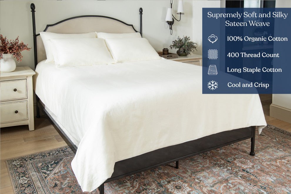 Delara GOTS Certified 100% Organic Cotton Flat Sheet 400TC, Ivory, King, 108"x105"