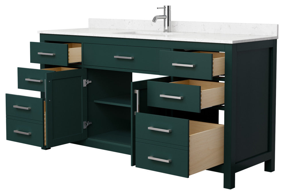 66"SGL Bathroom Vanity Green, Carrara Cult. Marble Countertop, Sink, Nickel Trim