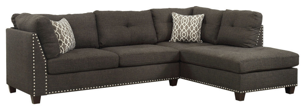 Acme Laurissa Sectional Sofa and Ottoman 2 Pillows Charcoal Linen
