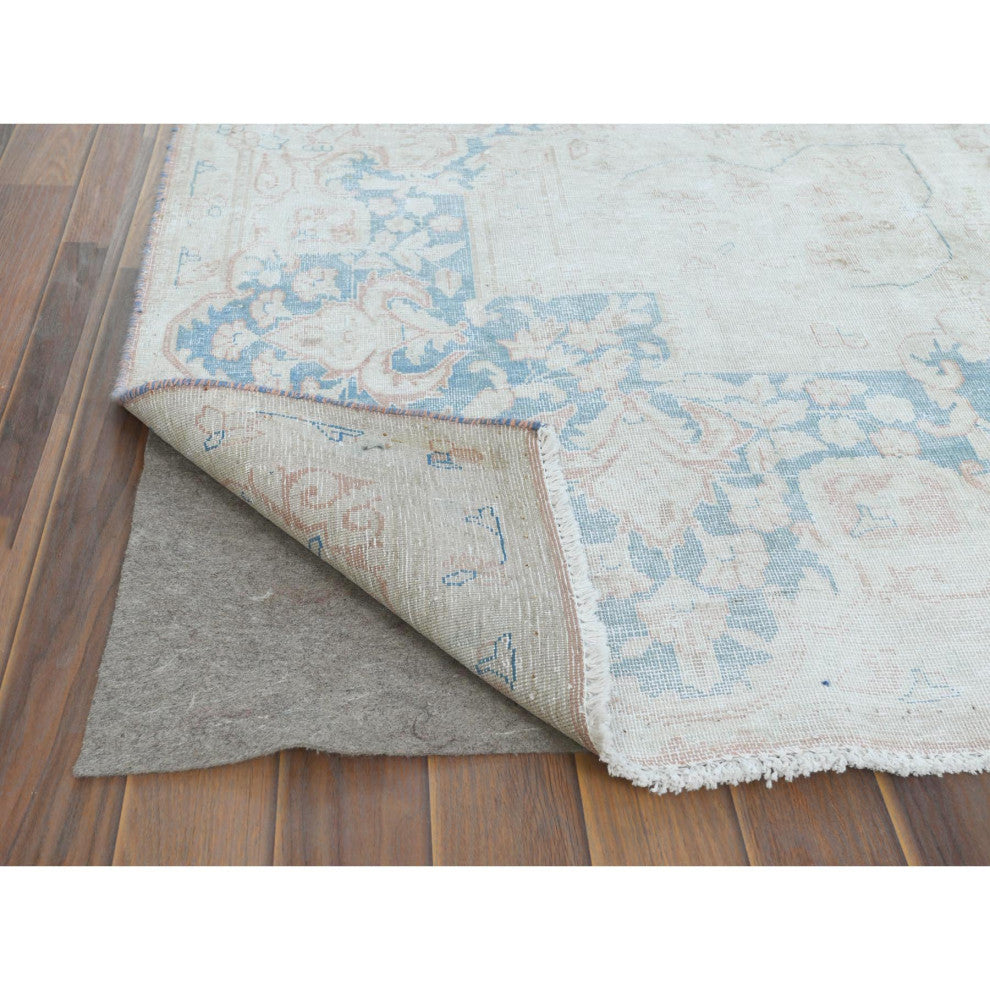 Worn Wool, Hand Knotted, Pink, Vintage Persian Kerman Rug, 9'9" x 13'3"