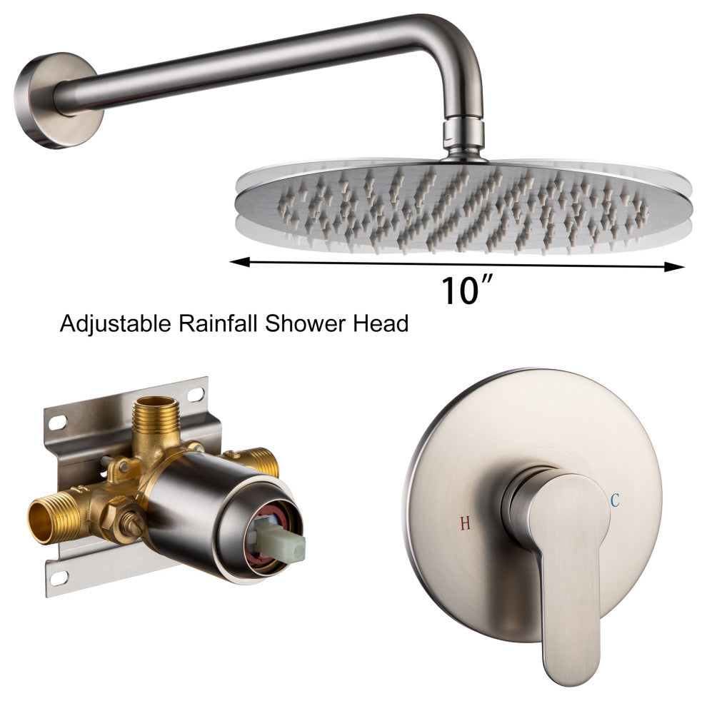 CASAINC 10" Wall Mounted Luxury Round Rainfall Shower System Set, Brushed Nickel