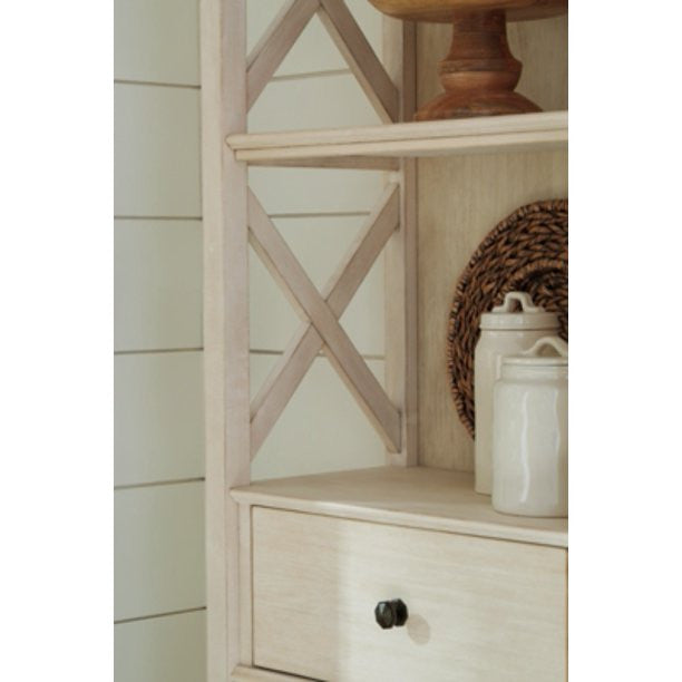Farmhouse Bookcase, 2 Drawers & Open Shelves With X-Shaped Sides, Antique White