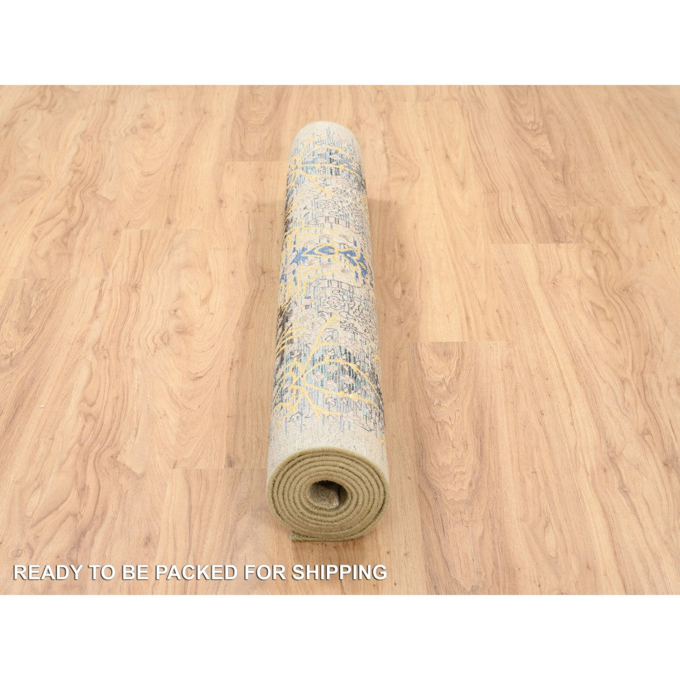 Honey Brown Hand Knotted Silk With Textured Wool Wide Runner Rug 4'2" x 10'0"