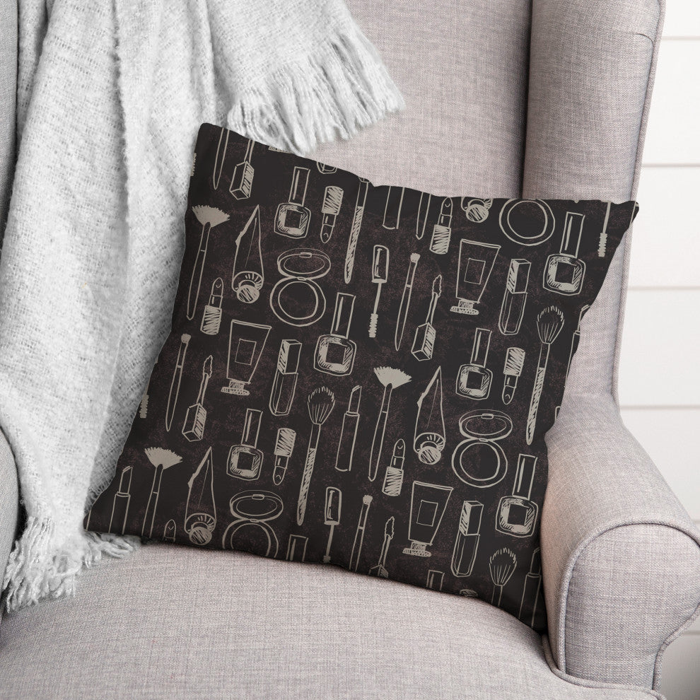 White Makeup Icons on Black 18x18 Spun Poly Pillow