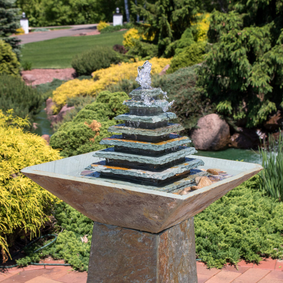 Sunnydaze Layered Slate Pyramid Outdoor Water Fountain With LED, 40"