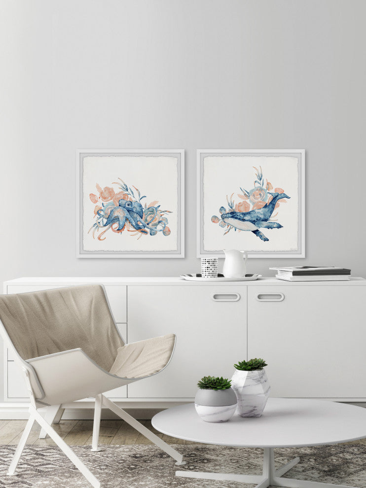 Octopus and Whale Diptych, 2-Piece Set, 18x18 Panels