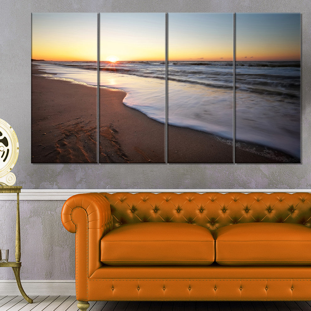 Seashore under Fiery Sunset Sky, Modern Seashore Canvas Art, 48"x28", 4 Panels