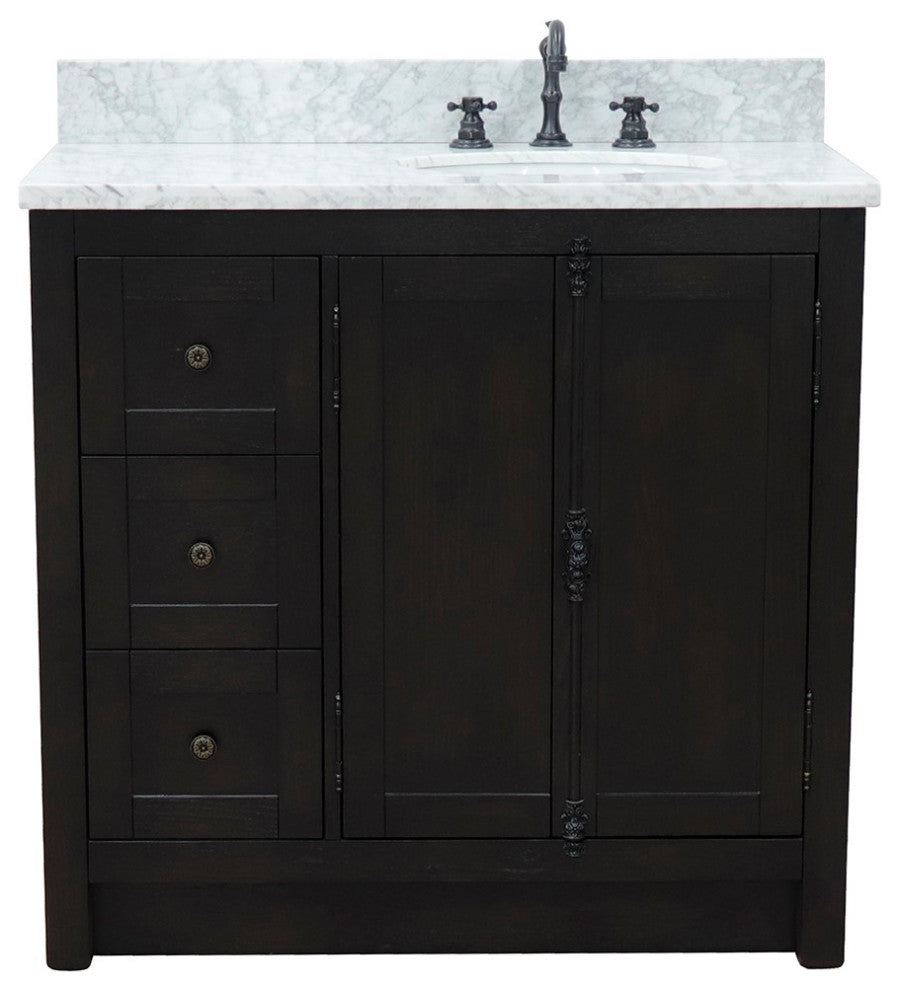 37" Single Vanity, Brown Ash With White Carrara Top, Right Doors/Right Oval Sink