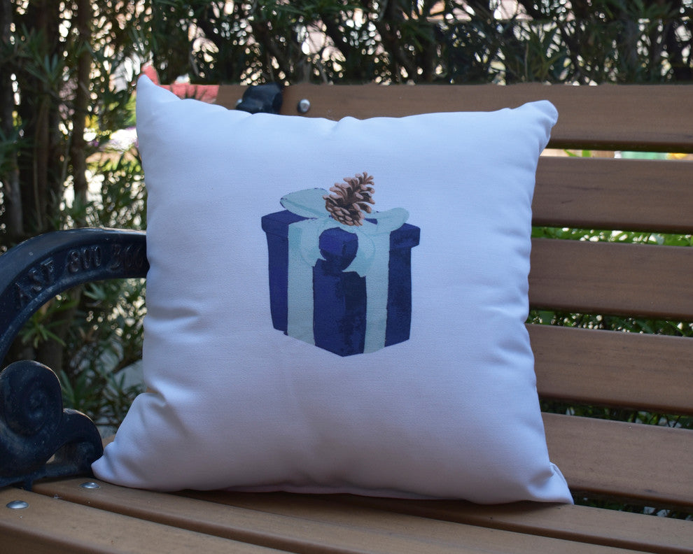 Gift Wrapped Navy Blue Holiday Print Decorative Outdoor Throw Pillow, 18"