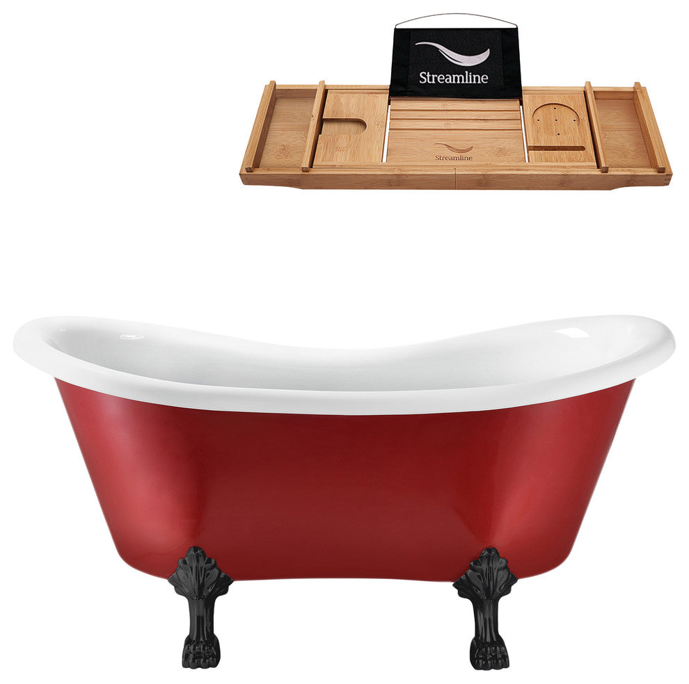 62" Red Clawfoot Tub and Tray, Black Feet, Chrome Internal Drain