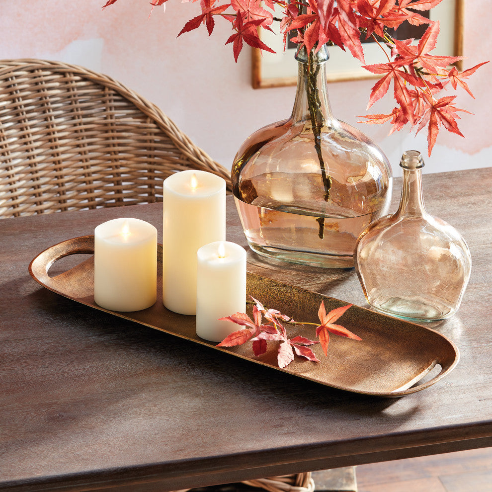 Rustic Brass Gold Oval Decorative Tray Classic Modern 30 in Long Wide Handles