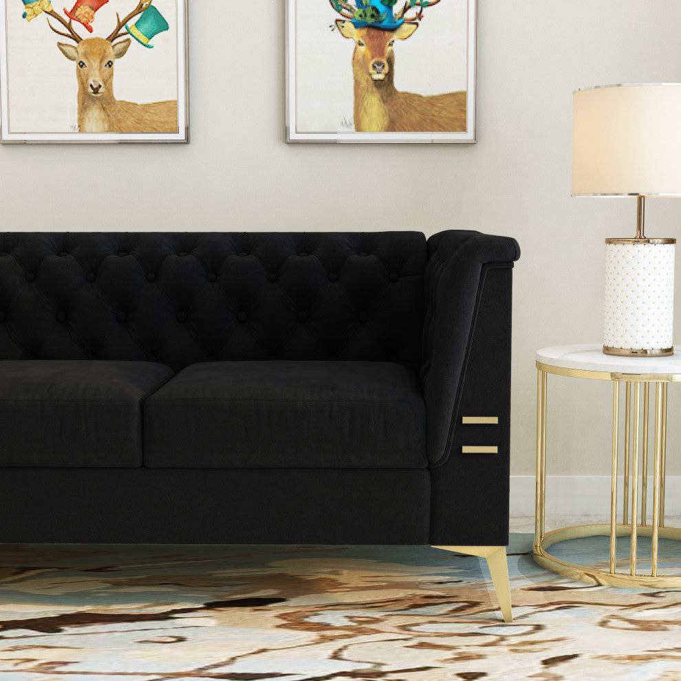 82.7'' Chesterfield Velvet Square Arm Sofa with Gold Leg, Black