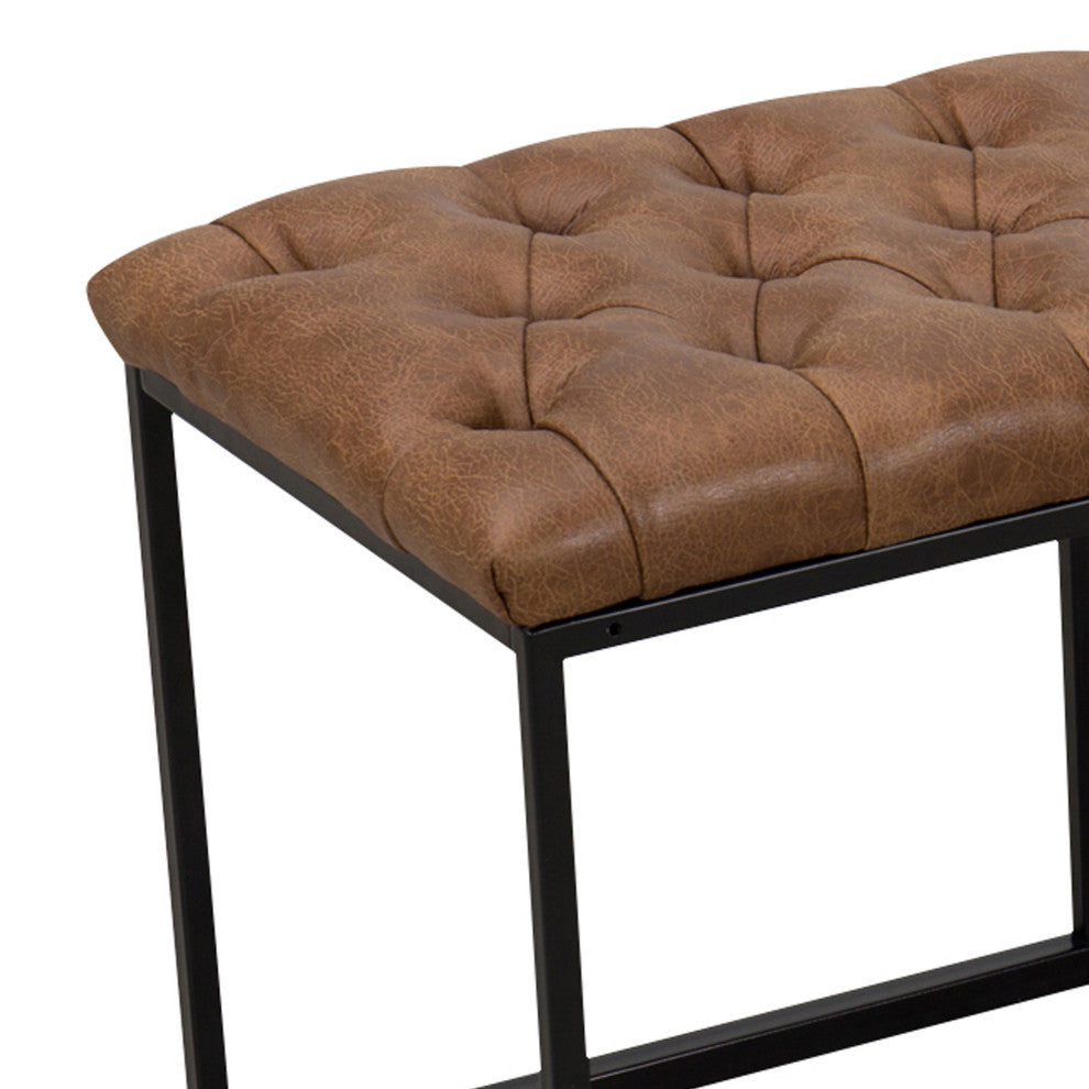 Benzara BM194860 Bench With Button Tufted Cushioned Seat and Metal Base, Brown
